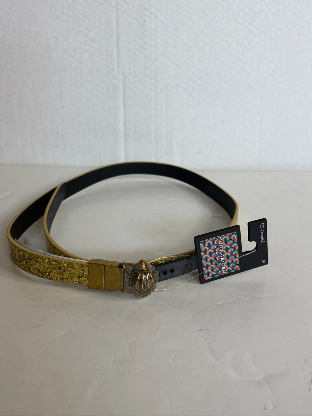 NWT Kurt Geiger London Rainbow Gold Glitter Reversible Women's Belt size Medium
